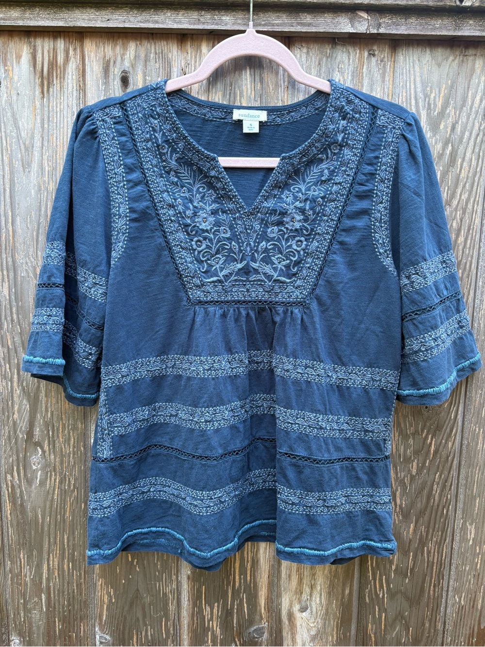 Sundance Boho Embroidered Short Sleeve V-Neck Top Blue Cotton Slub Knit S Beaded